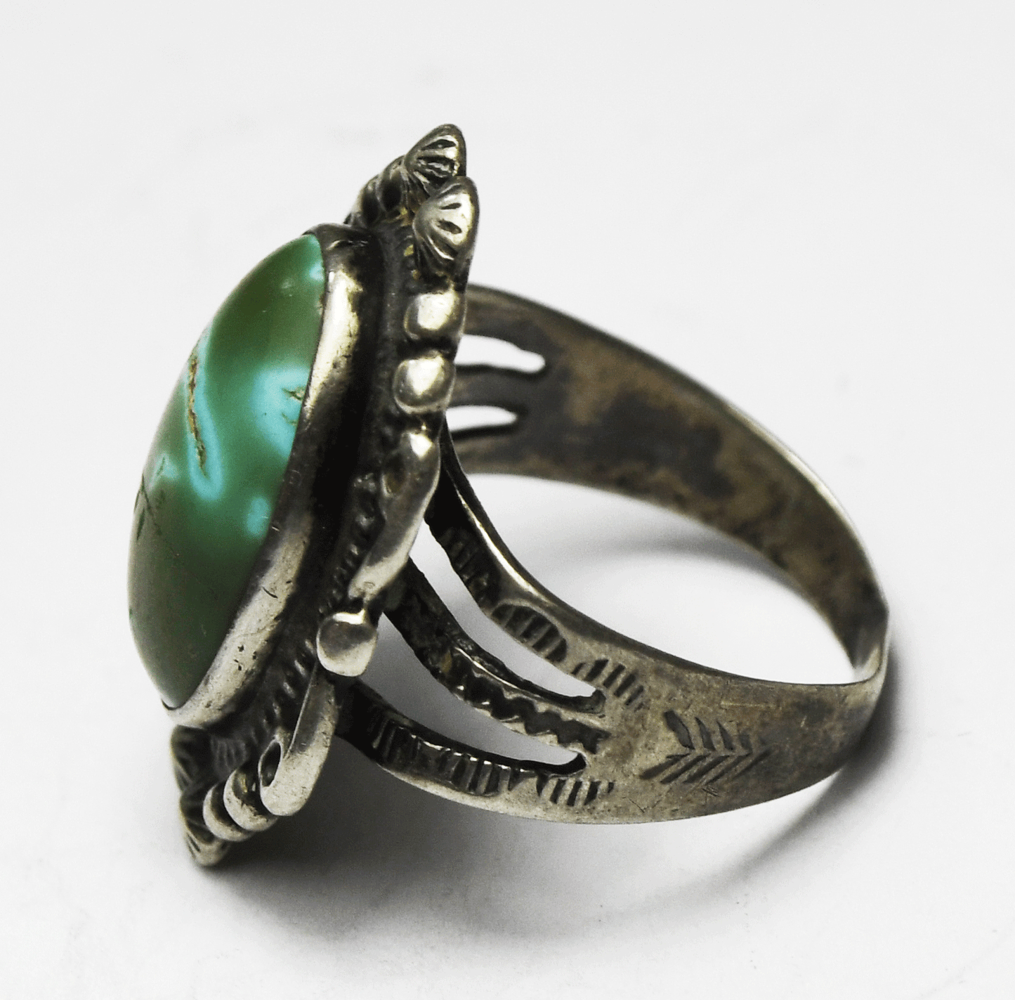 Antique Sterling Silver Dark Green Light Blue Spots Turquoise Ring 24mm Size 5