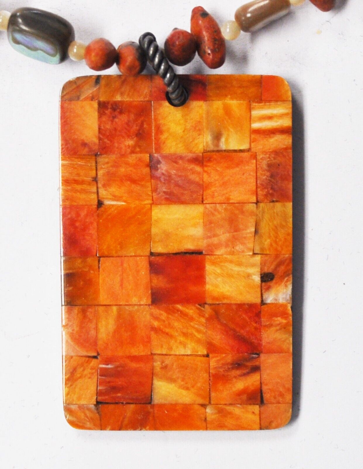 Sterling Spiny Oyster Inlay 50mm Reversible Pendant 8mm Bead Necklace 18"