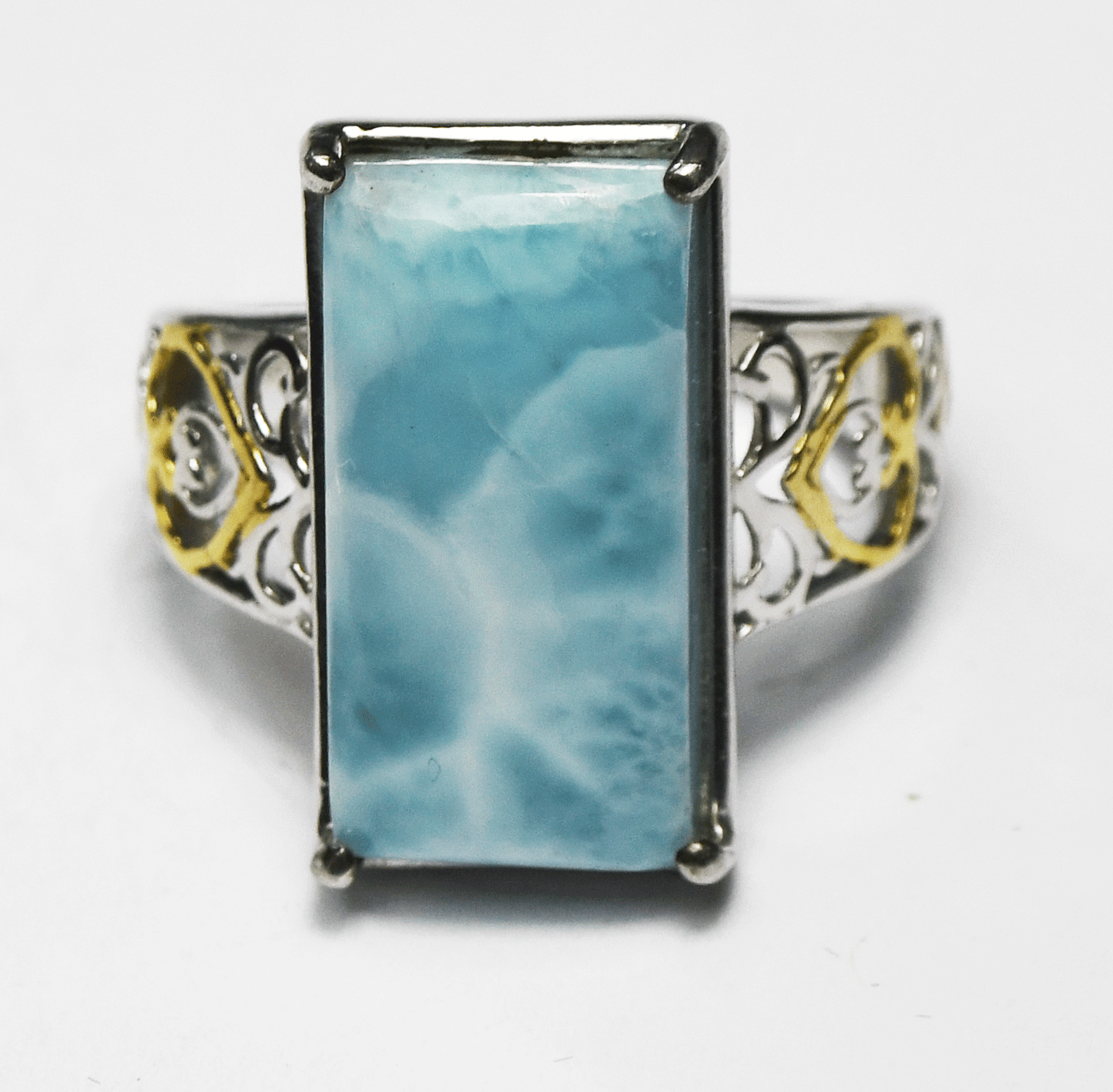 Sterling Silver D'Joy Larimar Rectangle Filigree Heart 2-Tone Ring 21mm Size 9.5