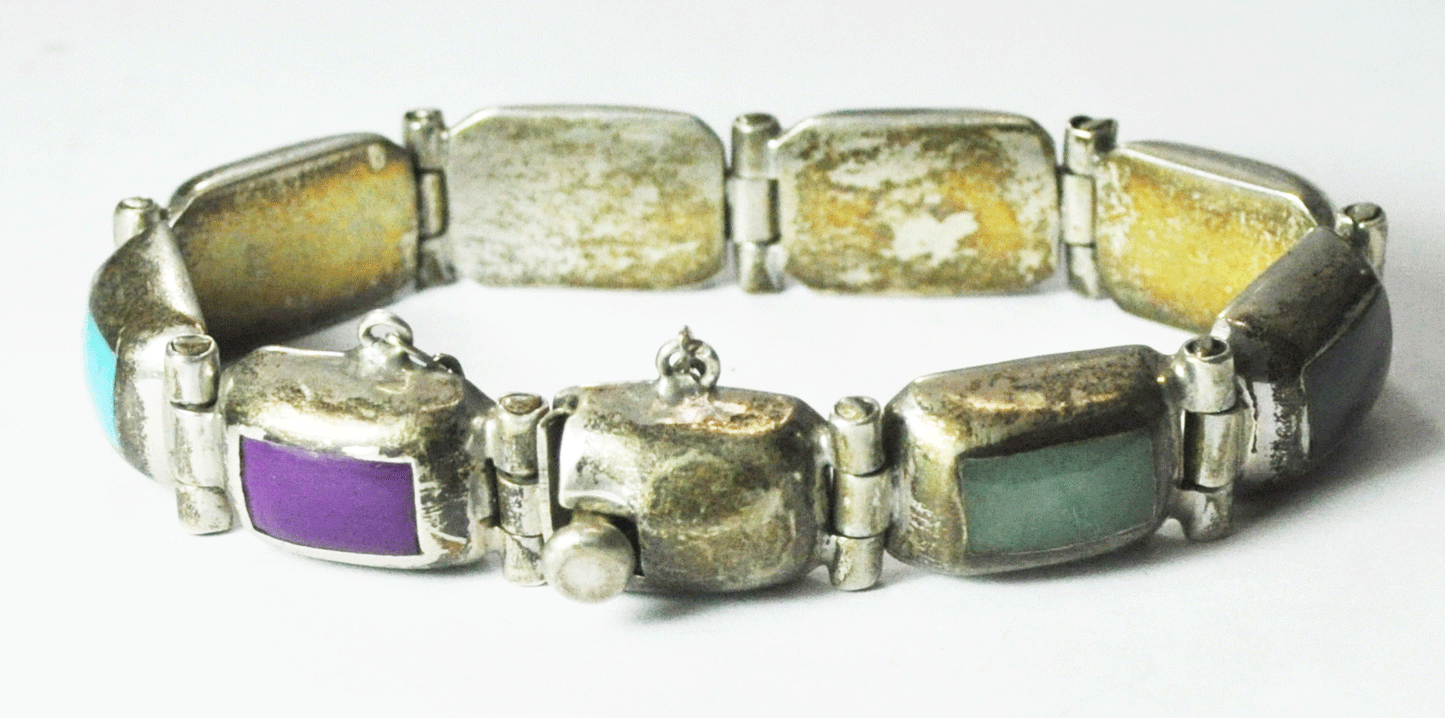 Sterling Silver Mexico TL-70 Multi Color Stone Link Bracelet 11mm 6-3/4" Wrist