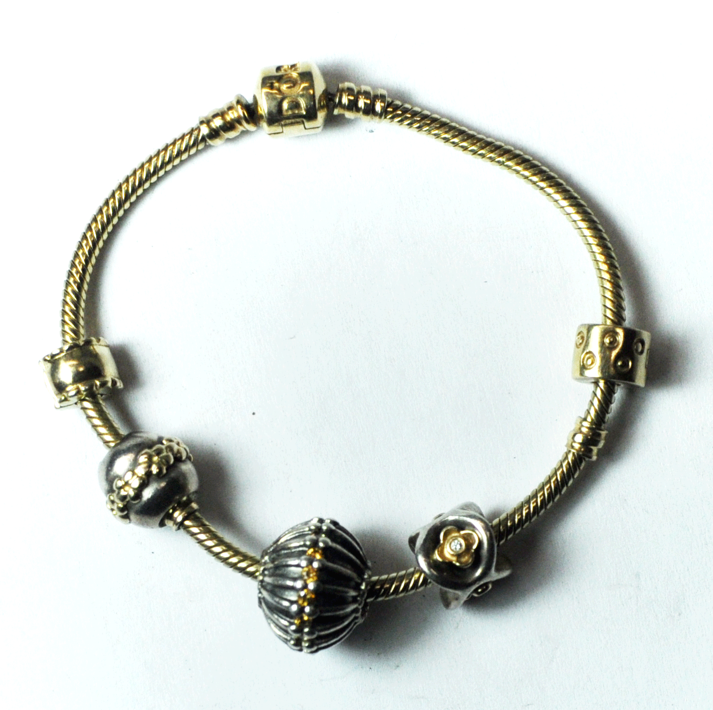 14k Pandora Bead Bracelet 2 Gold & 2 Silver Charms 7-1/4" CZ Flower