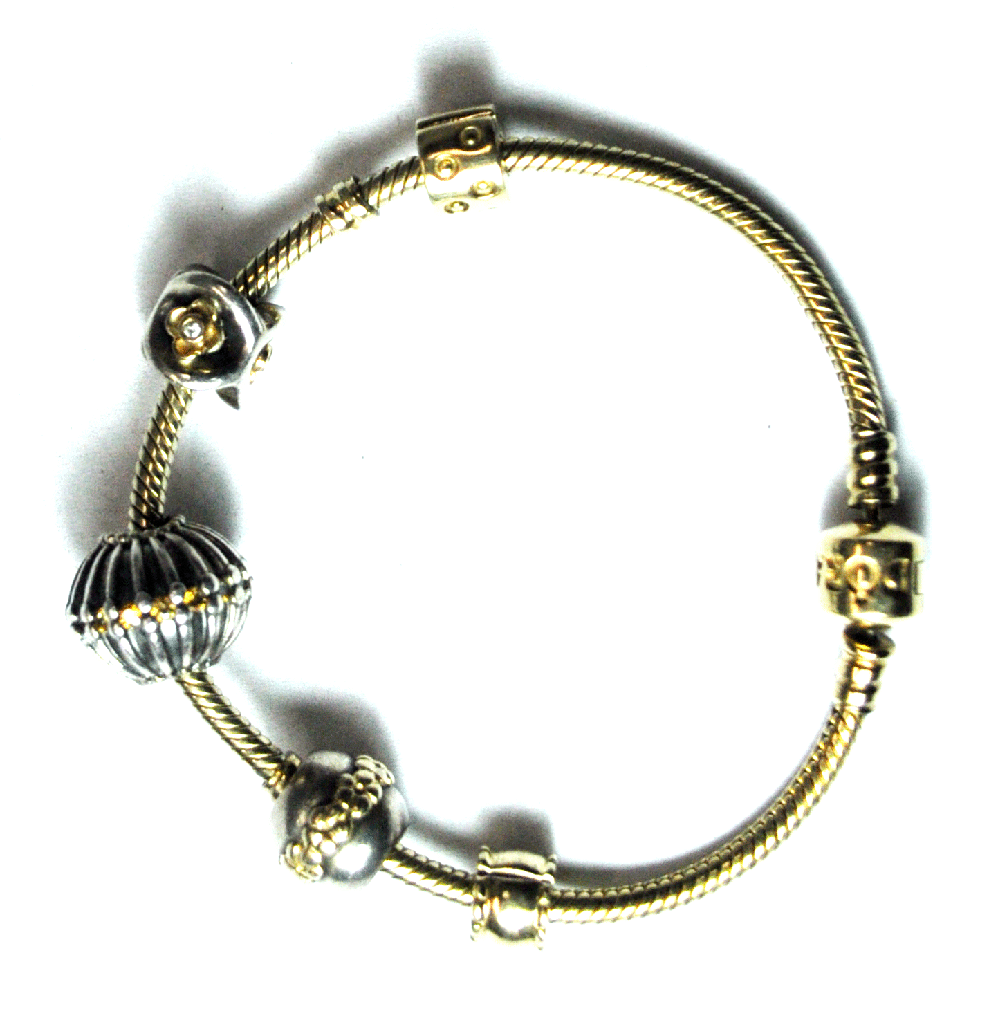 14k Pandora Bead Bracelet 2 Gold & 2 Silver Charms 7-1/4" CZ Flower
