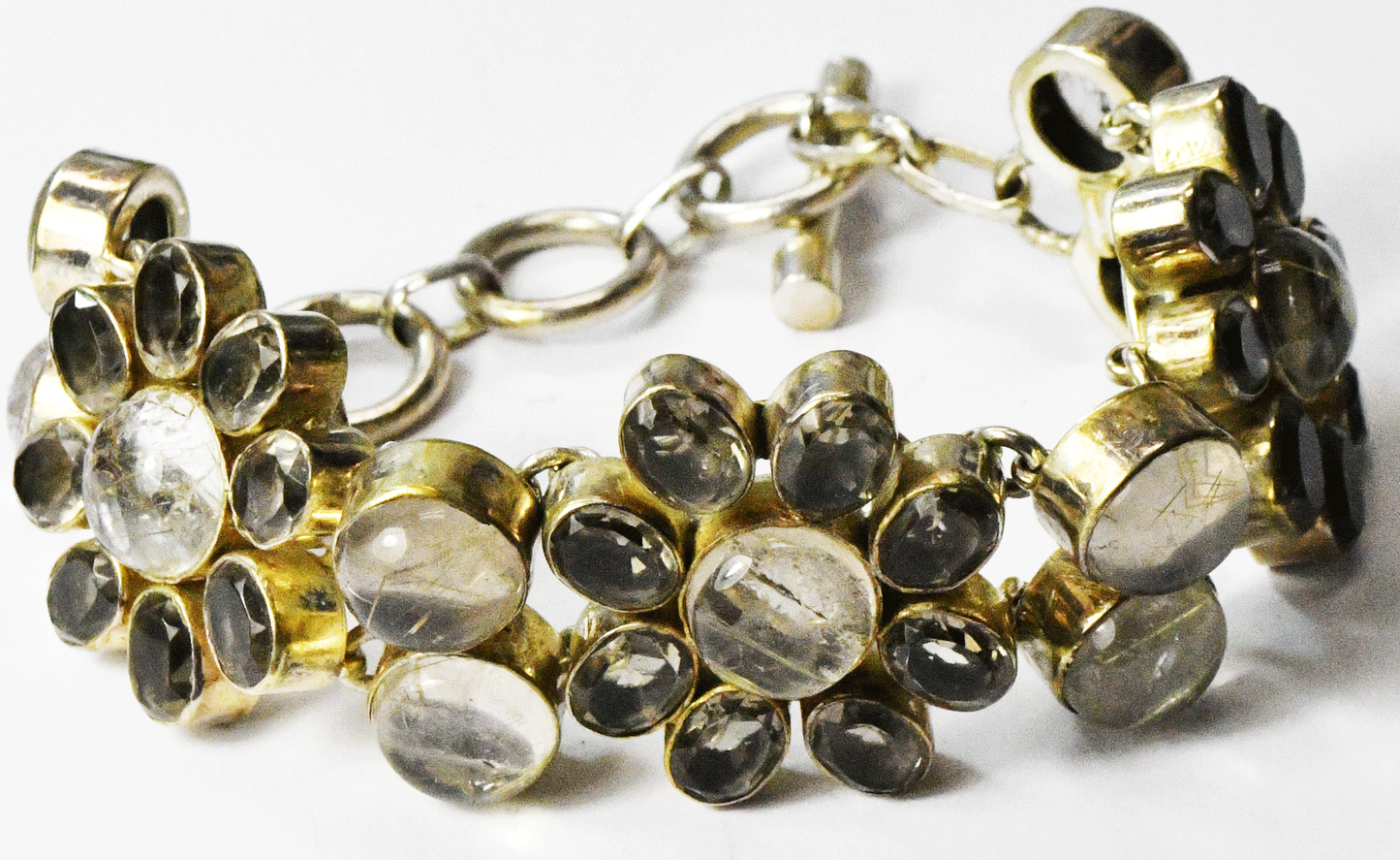 Sterling Silver Rutilated Quartz Flower Cluster Toggle Bracelet 28mm 8-1/2"
