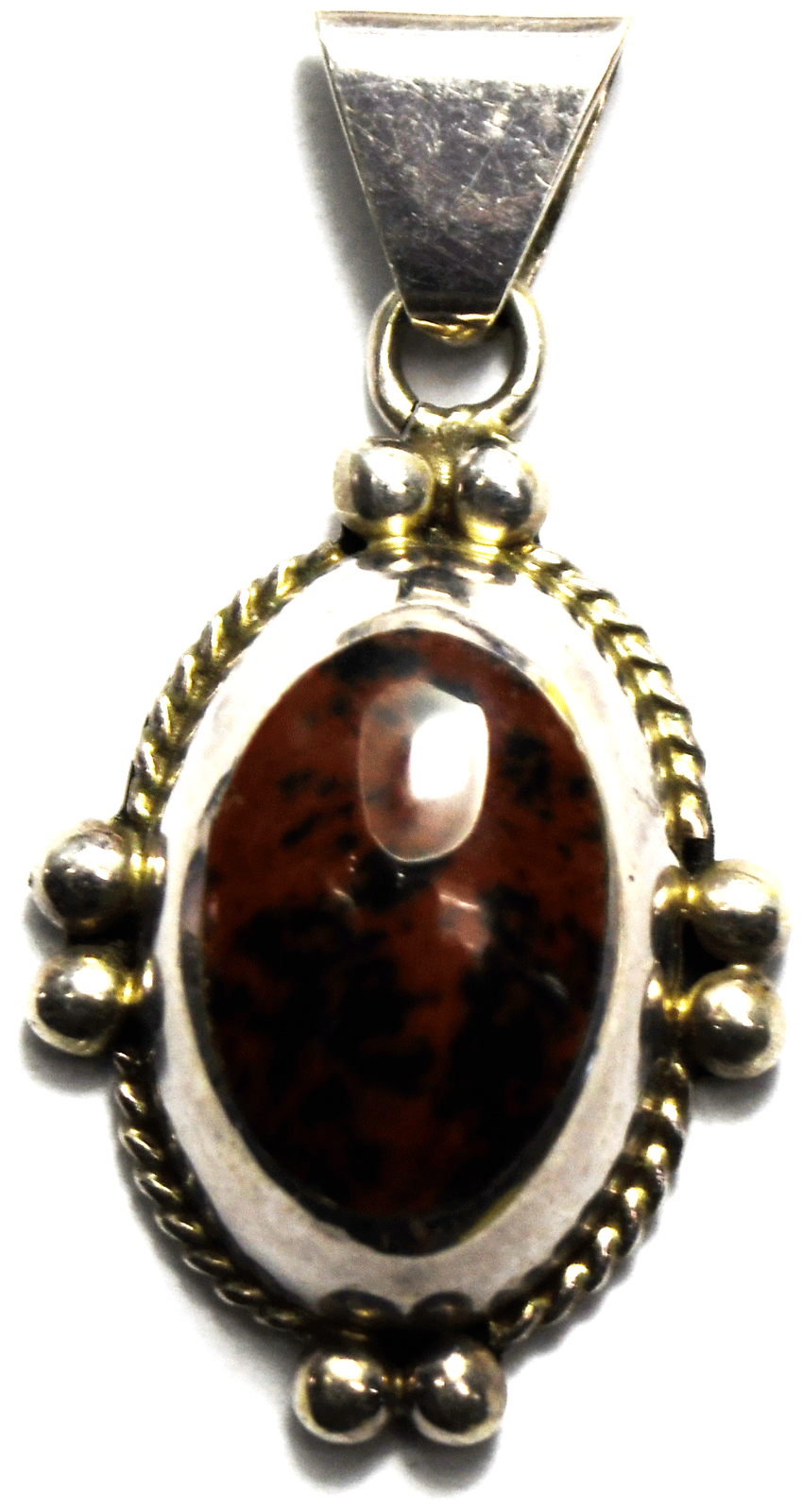 Sterling Silver Mexico mahogany Obsidian Oval Dot Pendant 47mm x 25mm