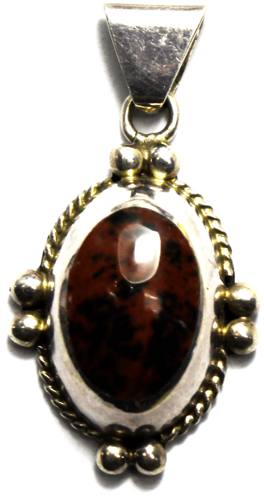 Sterling Silver Mexico mahogany Obsidian Oval Dot Pendant 47mm x 25mm