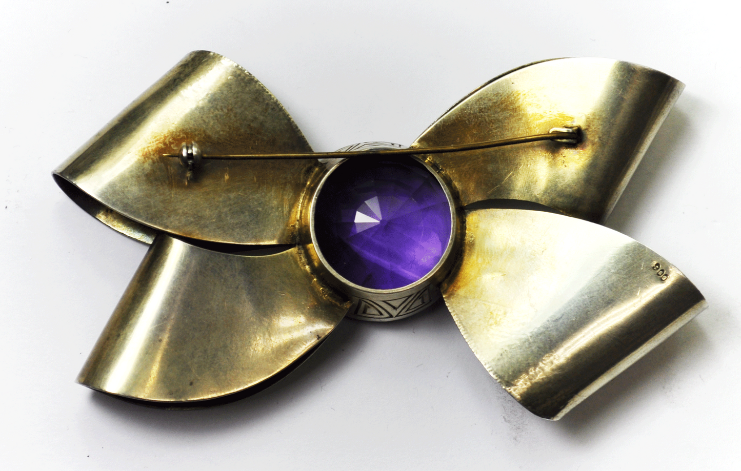 Vintage 900 Fine Silver 4" Large Bow Scroll Lace 29mm Amethyst Brooch Pin 60g