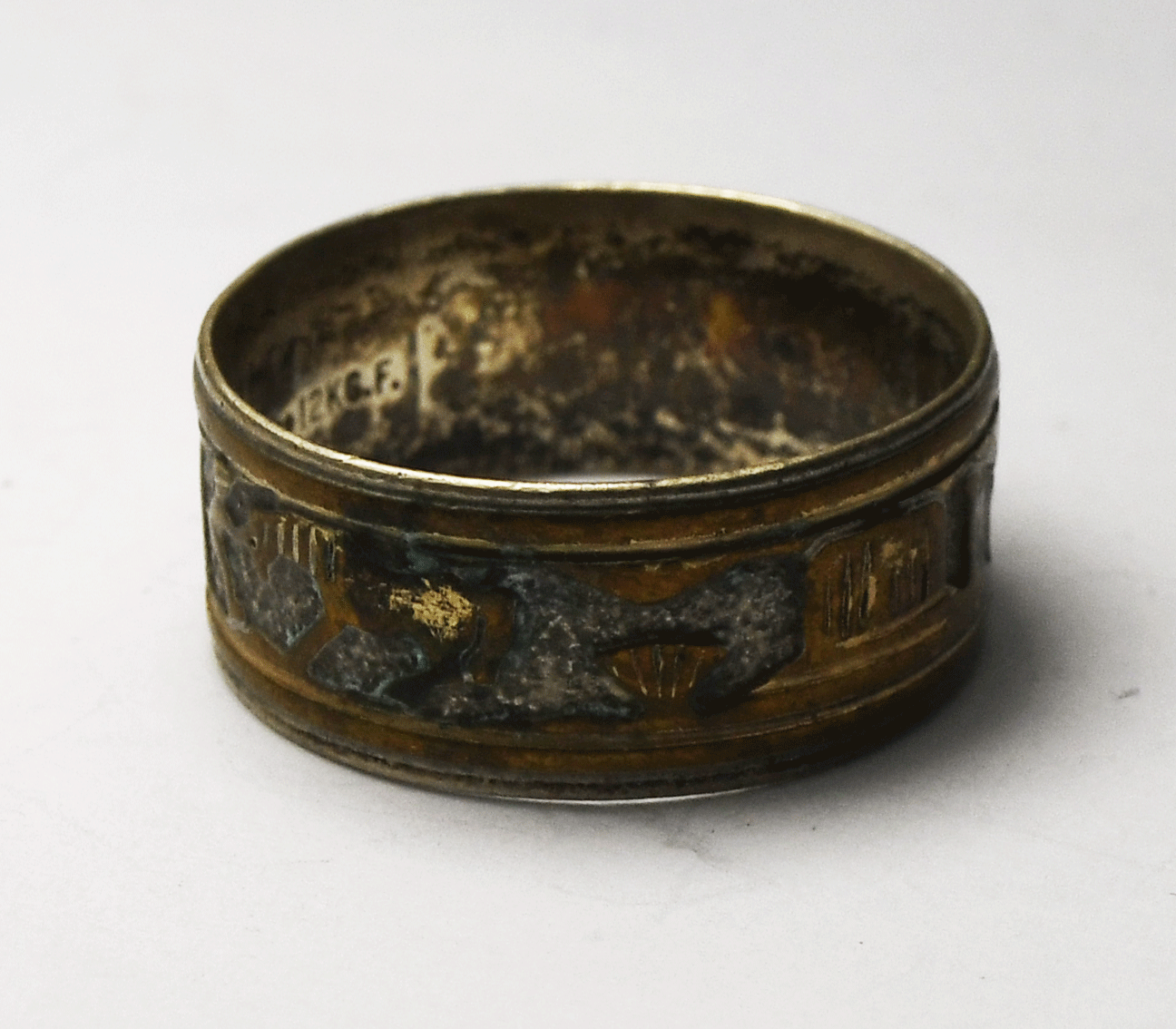 Sterling Silver Signed OP Gold Filled Story Teller Ring 10mm Band Size 12