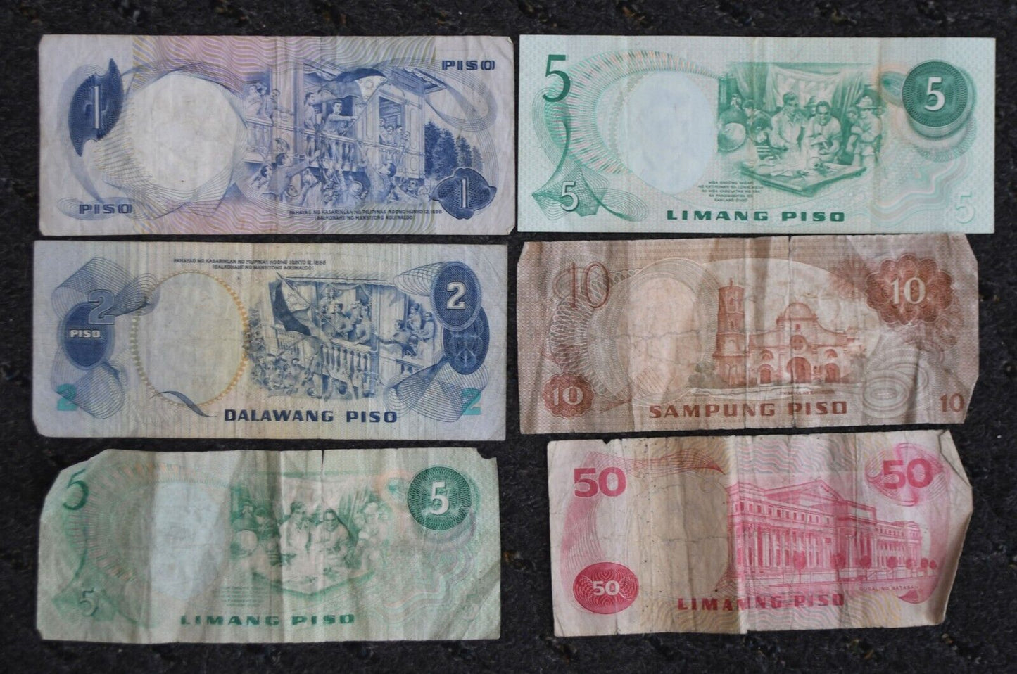 6 Philippines Banknotes 1 2 5 10 50 Peso Circulated Notes