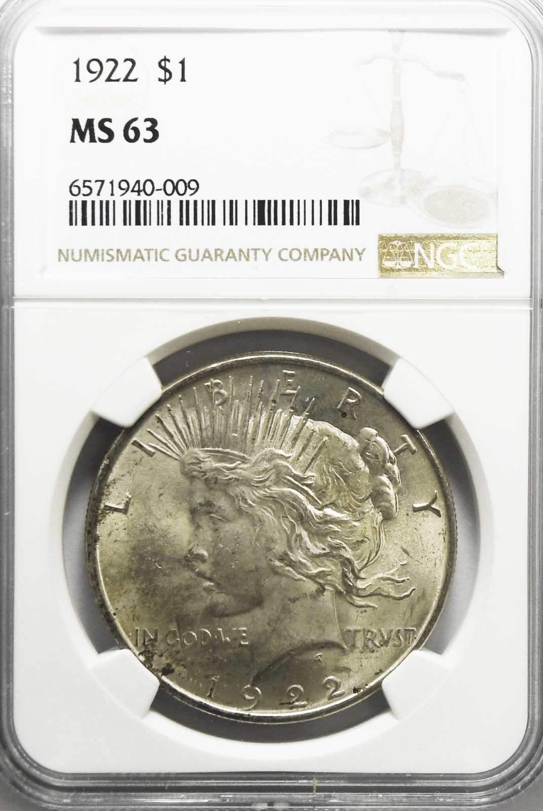 1922 $1 Peace Silver One Dollar US NGC MS63 Philadelphia Brilliant Uncirculated