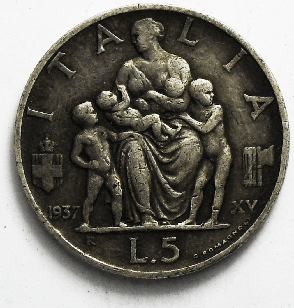 1937 R Yr. XV Italy 5 Five Lire Silver Coin KM# 79