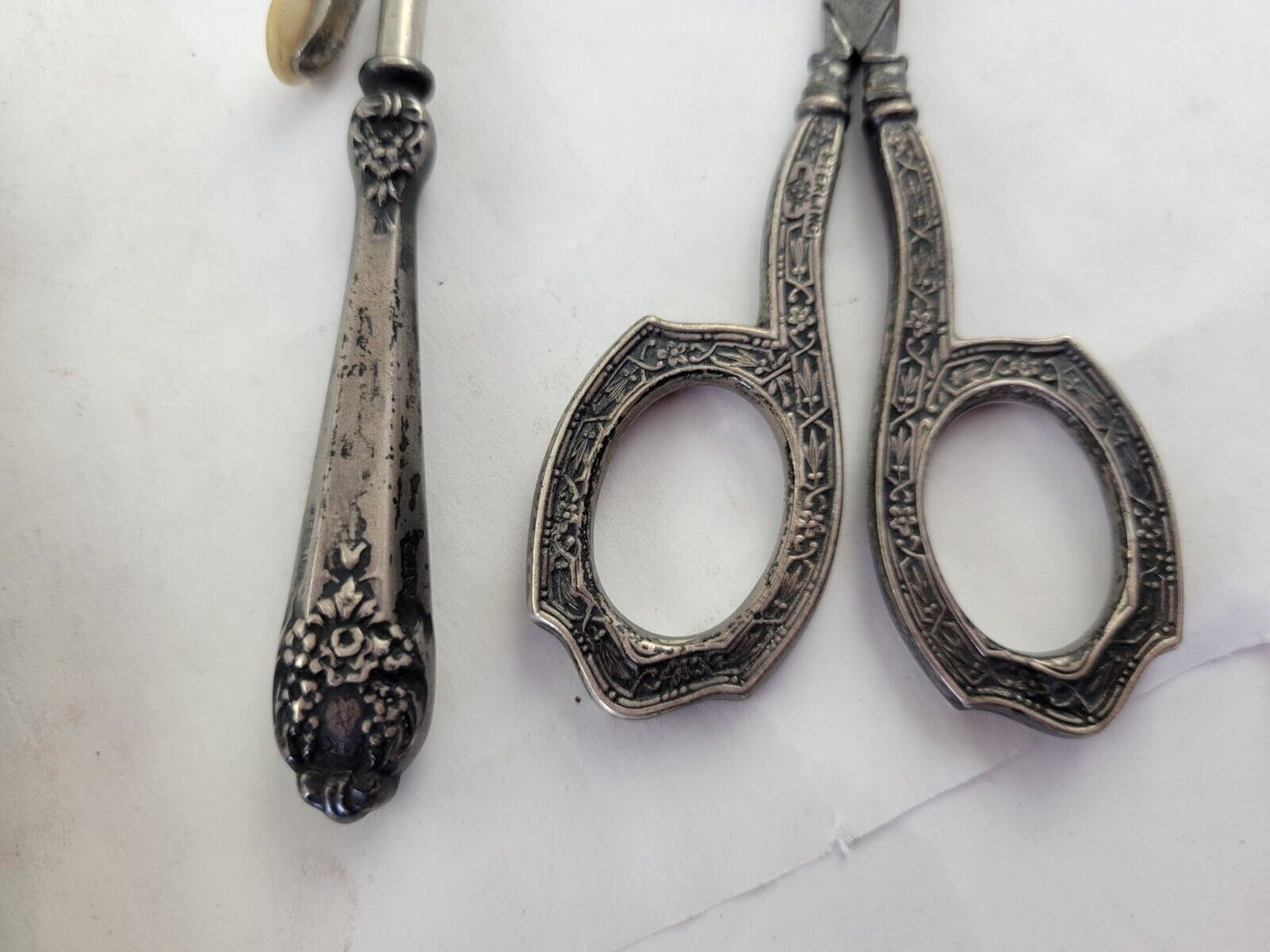 Victorian Sterling Repousse 5 Piece Vanity Set Mirror scissors Nail Buffer