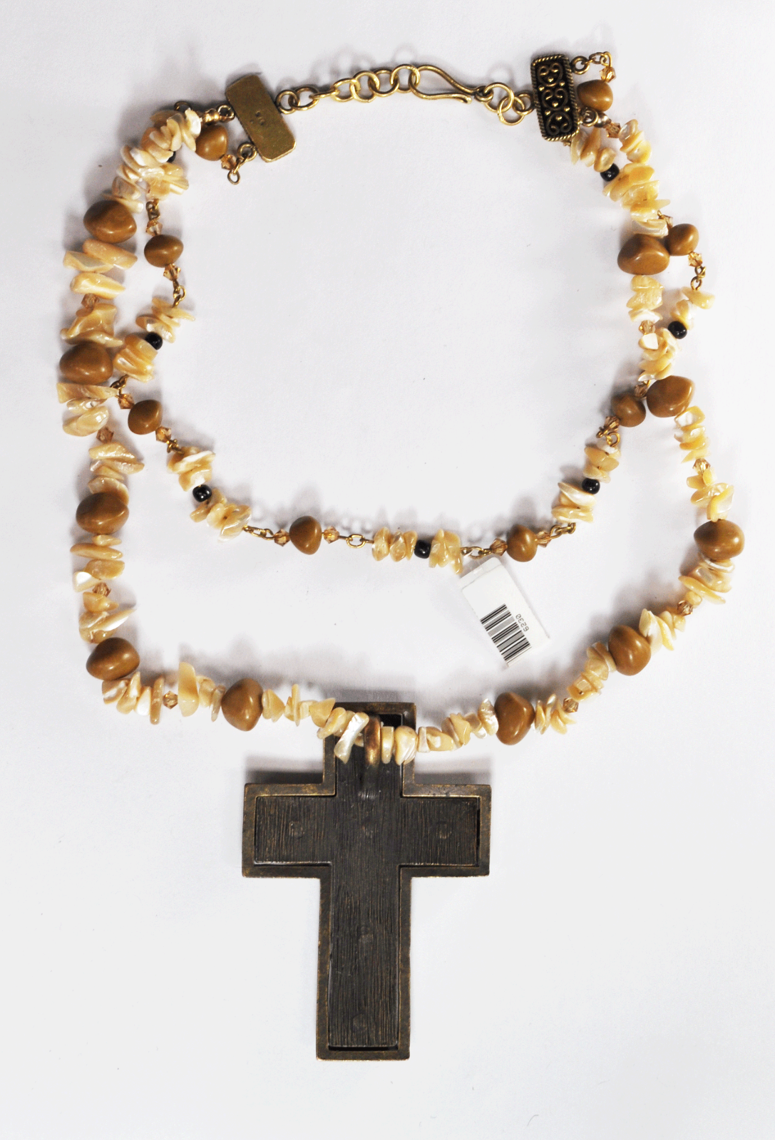 Sterling Gold Plated MOP Jasper 12mm Bead Necklace 3-1/8" Bronze Enamel Cross