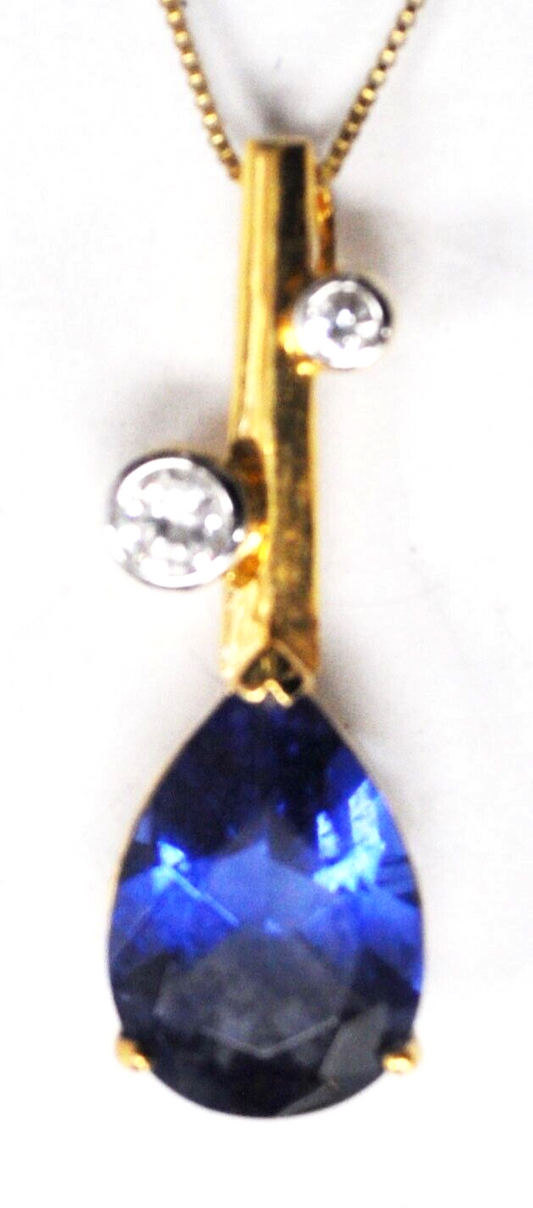 Sterling Silver Gold Tone Banjo Dark Blue CZ Pendant 43mm x 14mm 18" Necklace