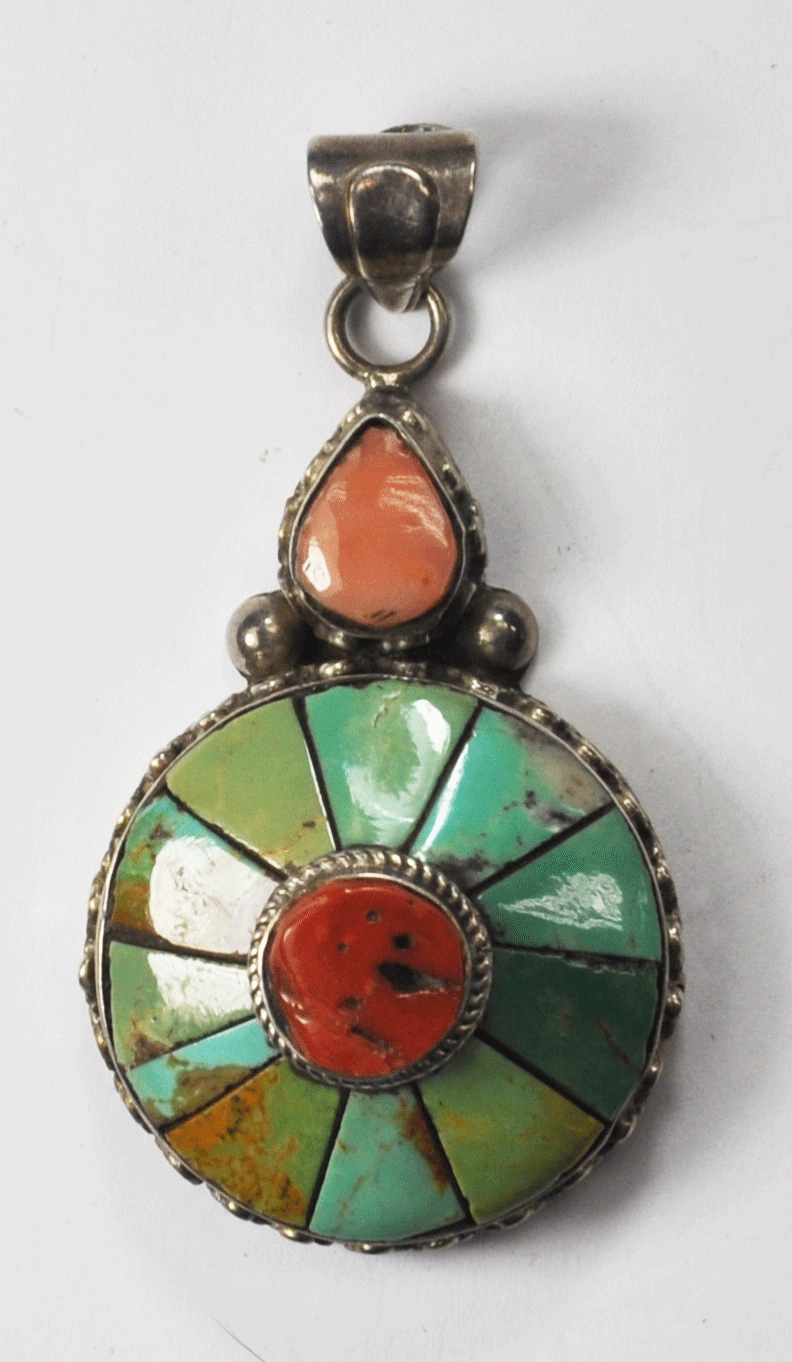 Sterling Silver Turquoise Pinwheel Coral Center 2-1/2" x 34mm Pendant 8mm Bale