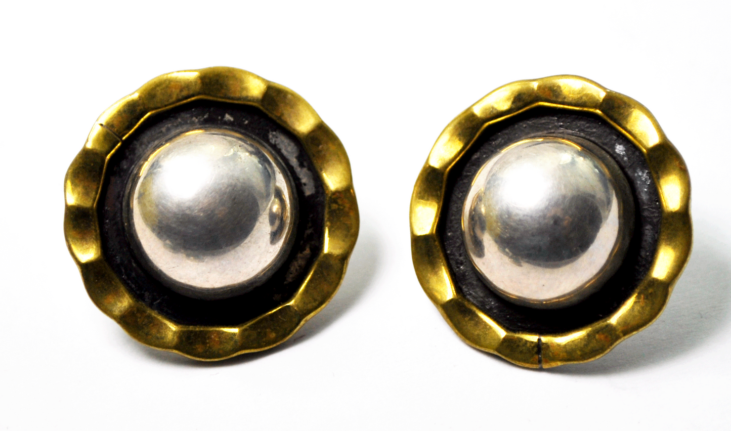 Sterling Mexico TJ-11 Laton Two Tone Round Domed Hammered Flower Earrings 23mm