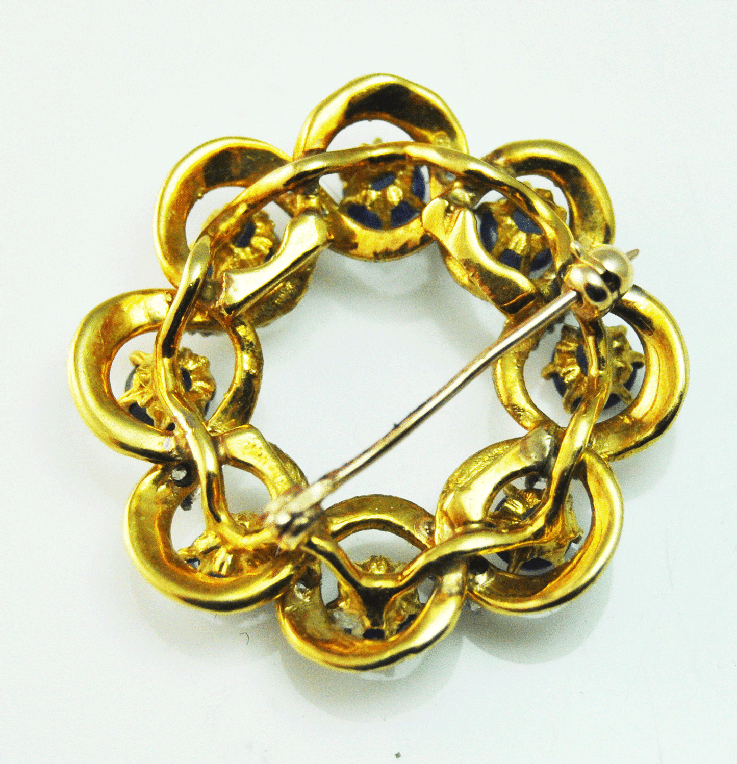 Vintage 14k Gold Star Sapphire & Diamond Round Brooch Pin 30mm 9.3g