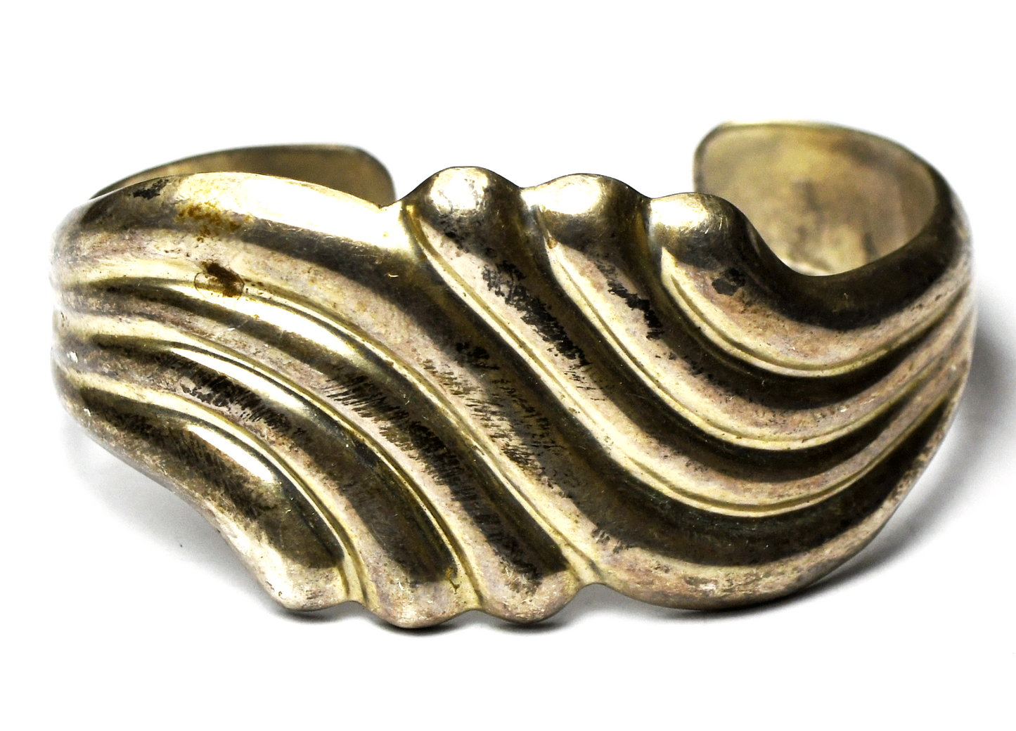 Sterling Silver Wave Stripe Cuff Bracelet 26mm Wide 6-1/4" Wrist 35g