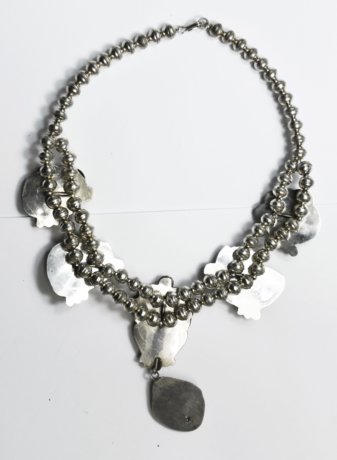 Sterling Signed Green Turquoise Squash Blossom 3-1/4" Dangle 17" Necklace