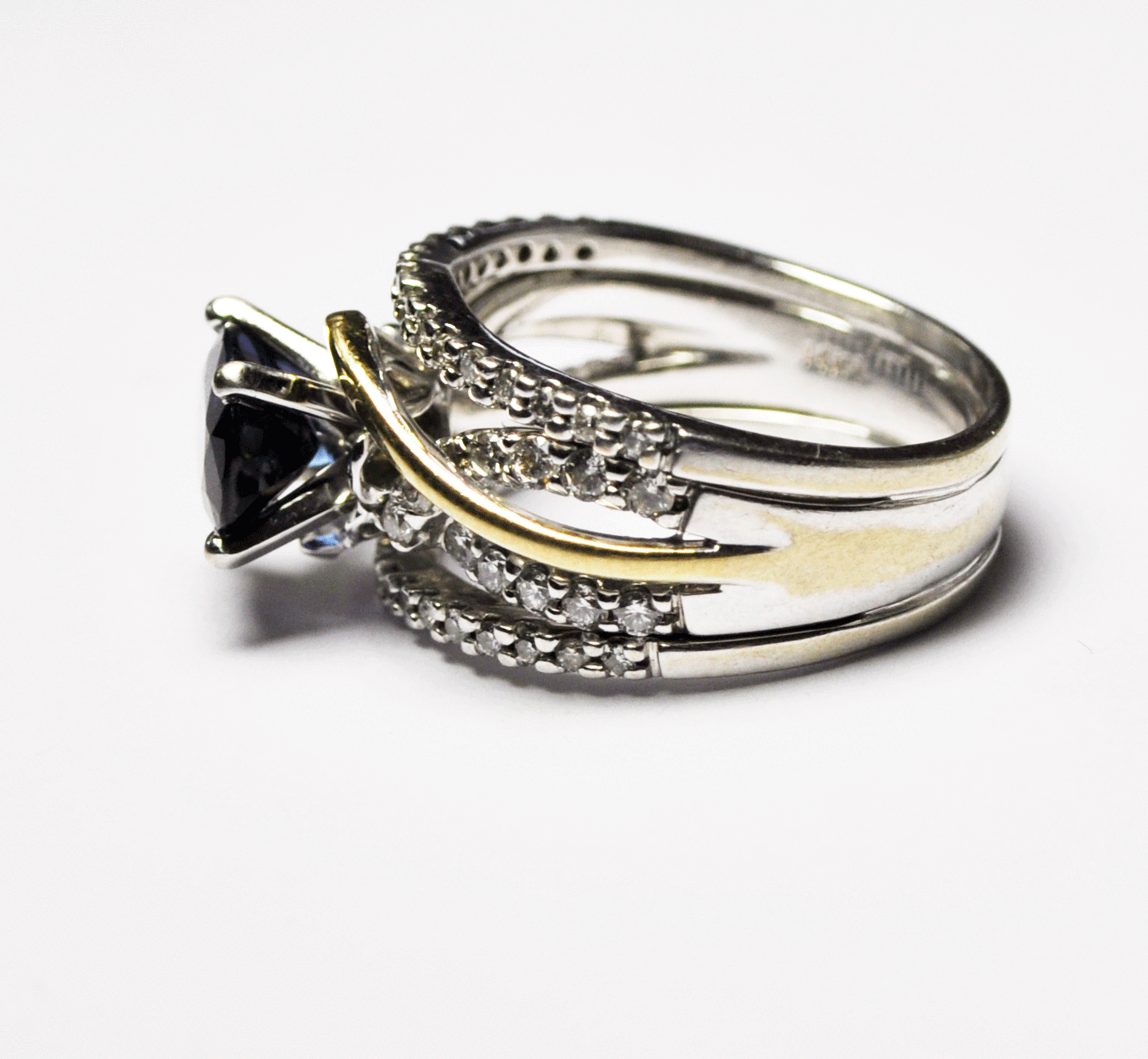 14k White Gold Sapphire Diamond Twist Overlapping Ring F.D. 11mm Size 6-3/4