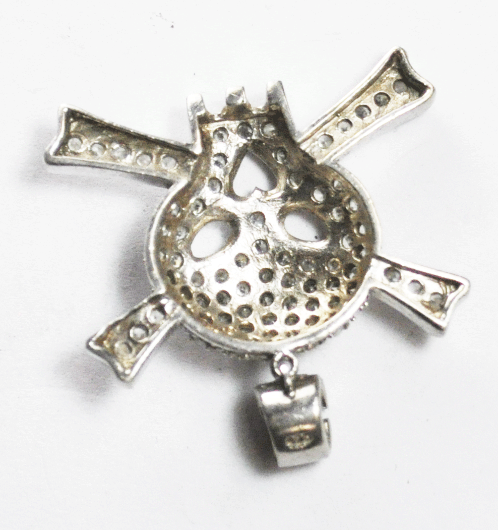 Sterling Silver CZ Skull Cross Bones 36mm x 34mm Pendant