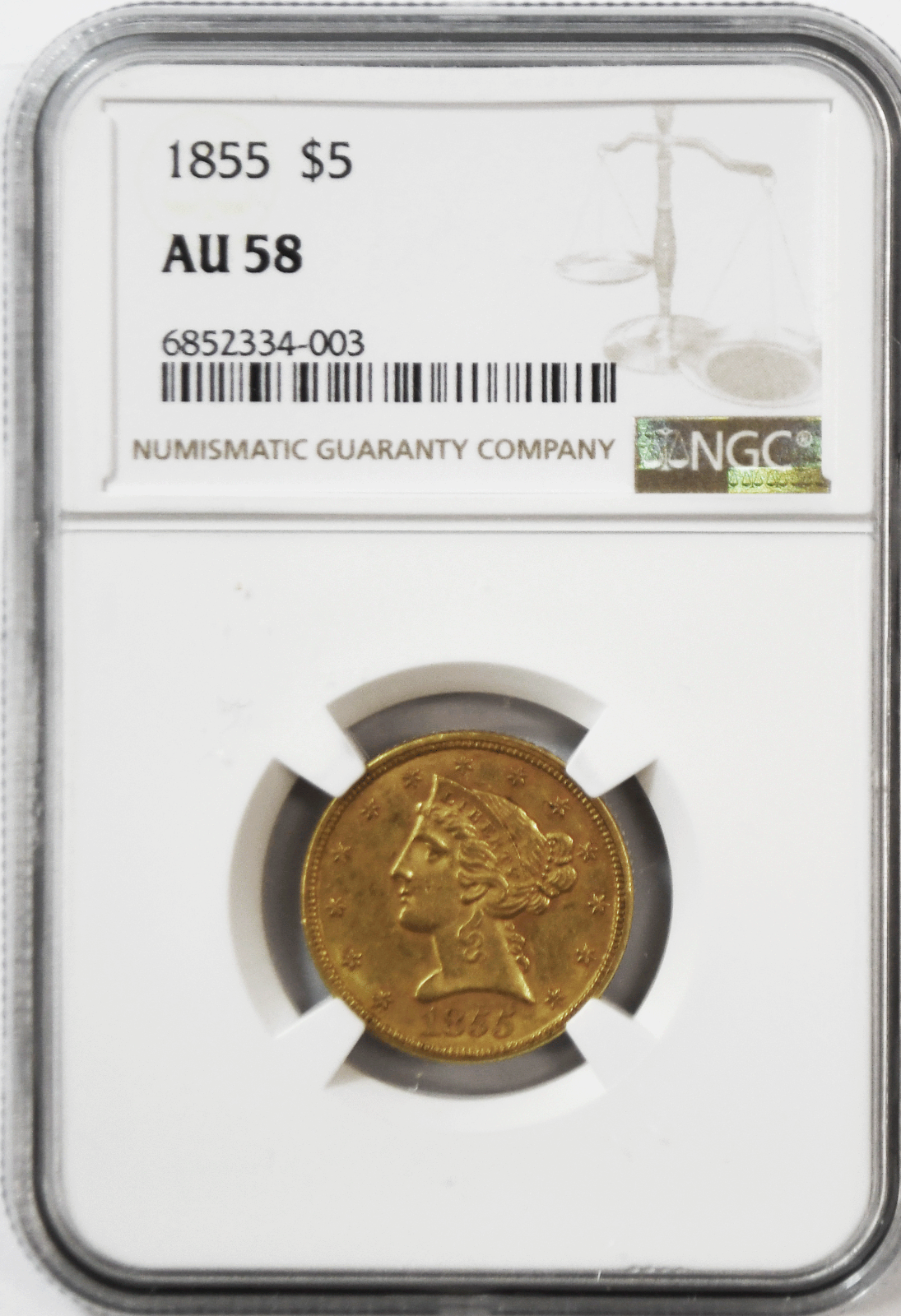 1855 $5 Liberty Head Five Dollars Gold Half Eagle Philadelphia NGC AU58