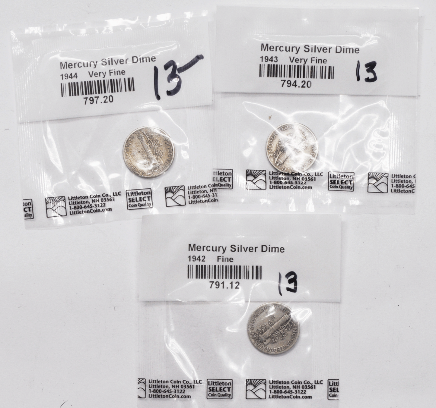 1942 1943 & 1944 10c Mercury Silver Dimes Ten Cents Philadelphia