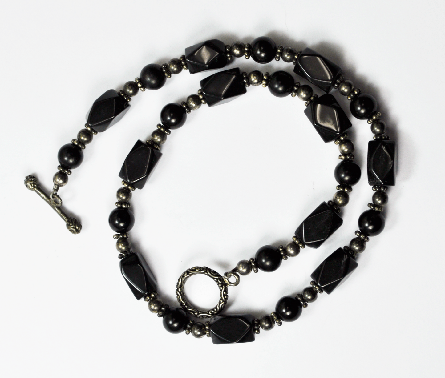 Sterling Silver 10mm Black Onyx Bead Etched Toggle Necklace 17"