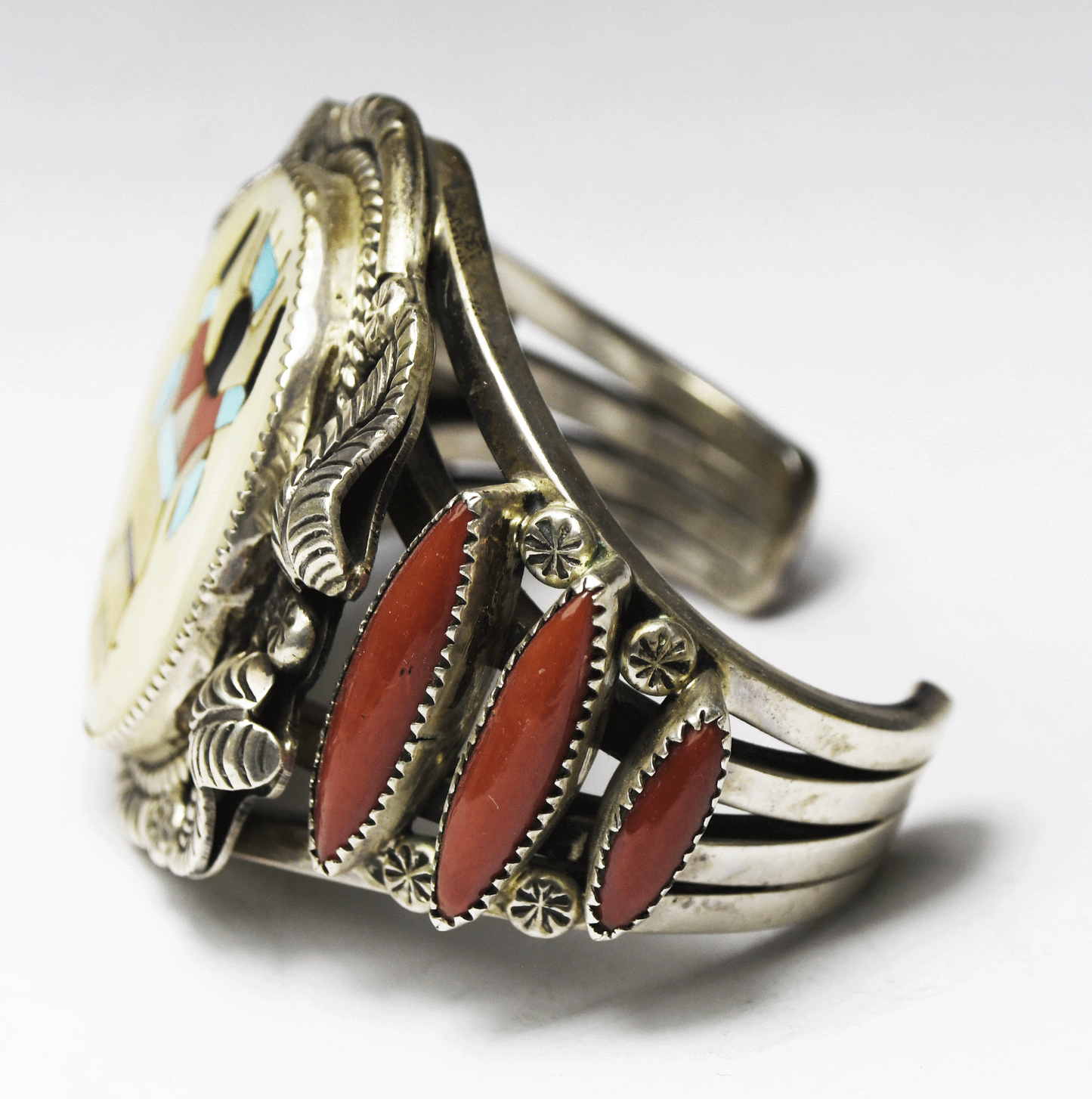 Sterling Walter Mitchell Inlay Coral Heavy 4 Bar Cuff Bracelet 52mm 5-3/4" Wrist