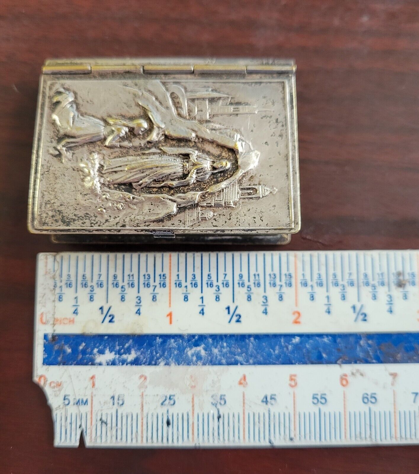 Vintage Depose Blessed Mother France Mary Silver Plated Book Pill Box 2"