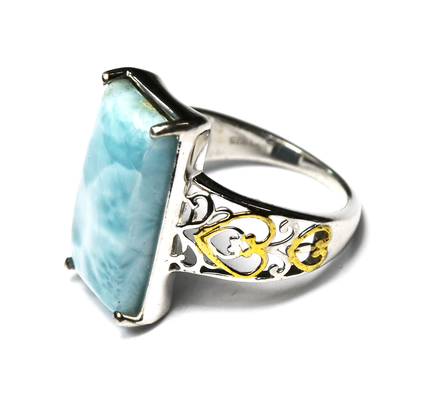 Sterling Silver D'Joy Larimar Rectangle Filigree Heart 2-Tone Ring 21mm Size 9.5