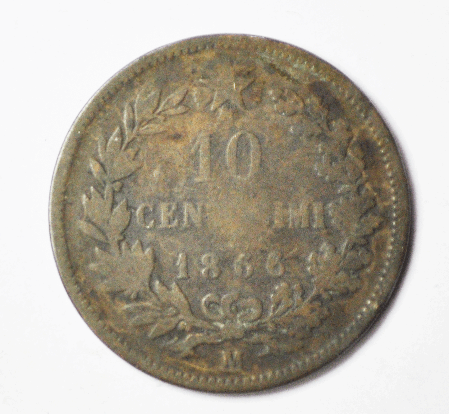 1866 M Italy 10c Ten Centesimi Copper Coin KM#11.1 Rare