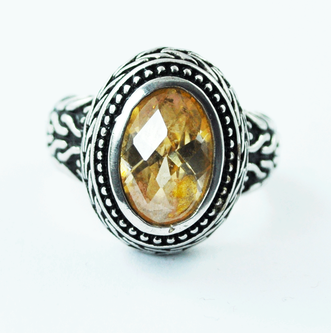 Sterling Silver NF Designer Wheat Dot Halo Peach CZ Ring 18mm Size 7