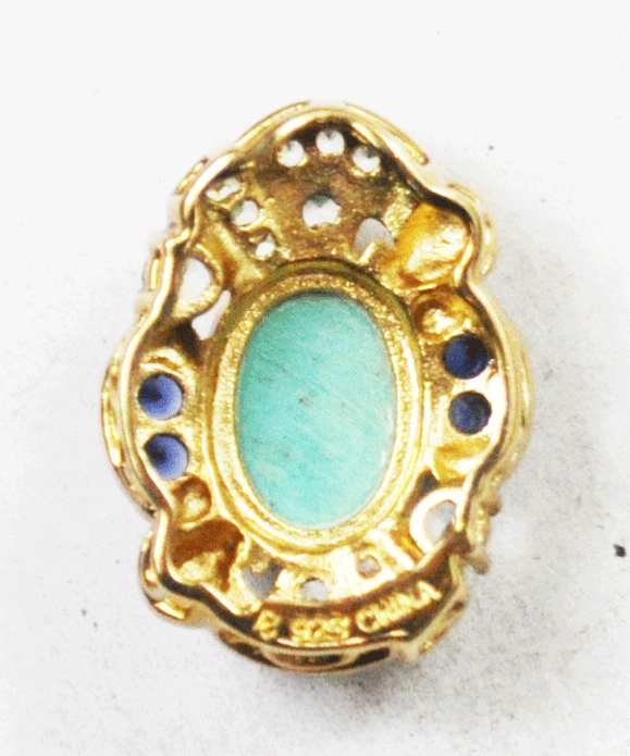 Sterling Silver Dyed Howlite Turquoise Oval Gold Tone CZ Pendant 16mm x 22mm