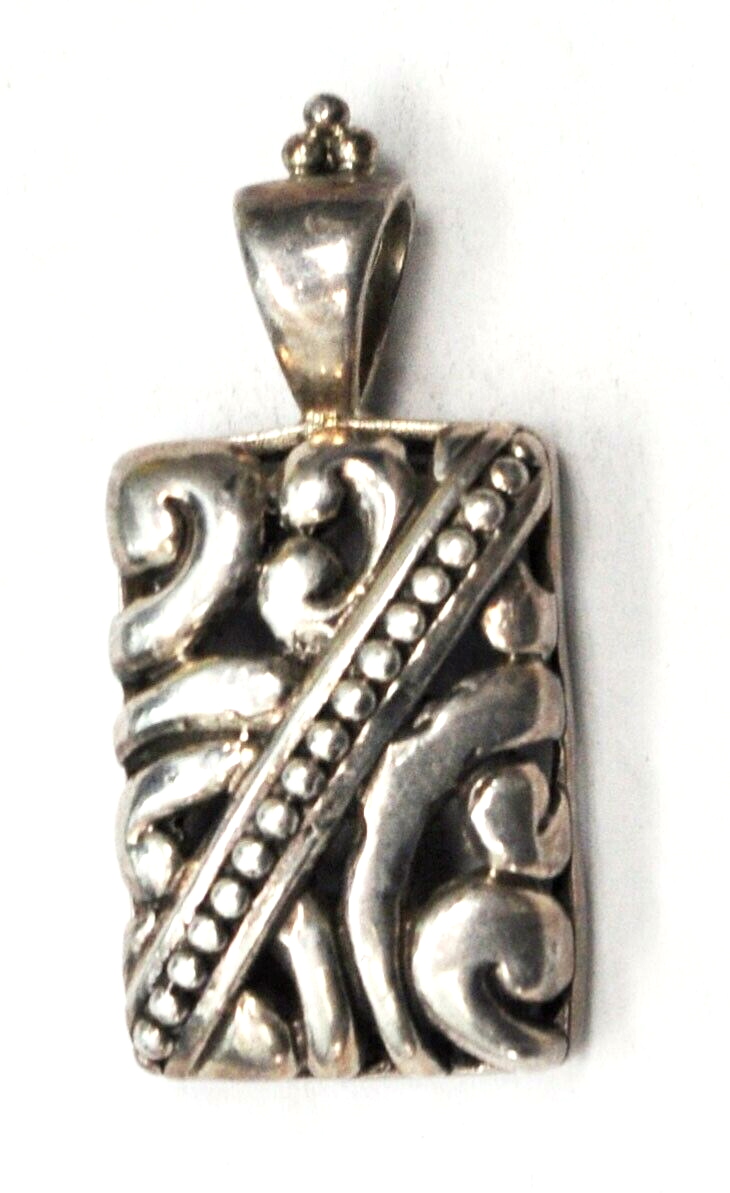 Sterling Silver Rectangle Scroll Beaded Bale Dot Stripe Pendant 37mm x 17mm