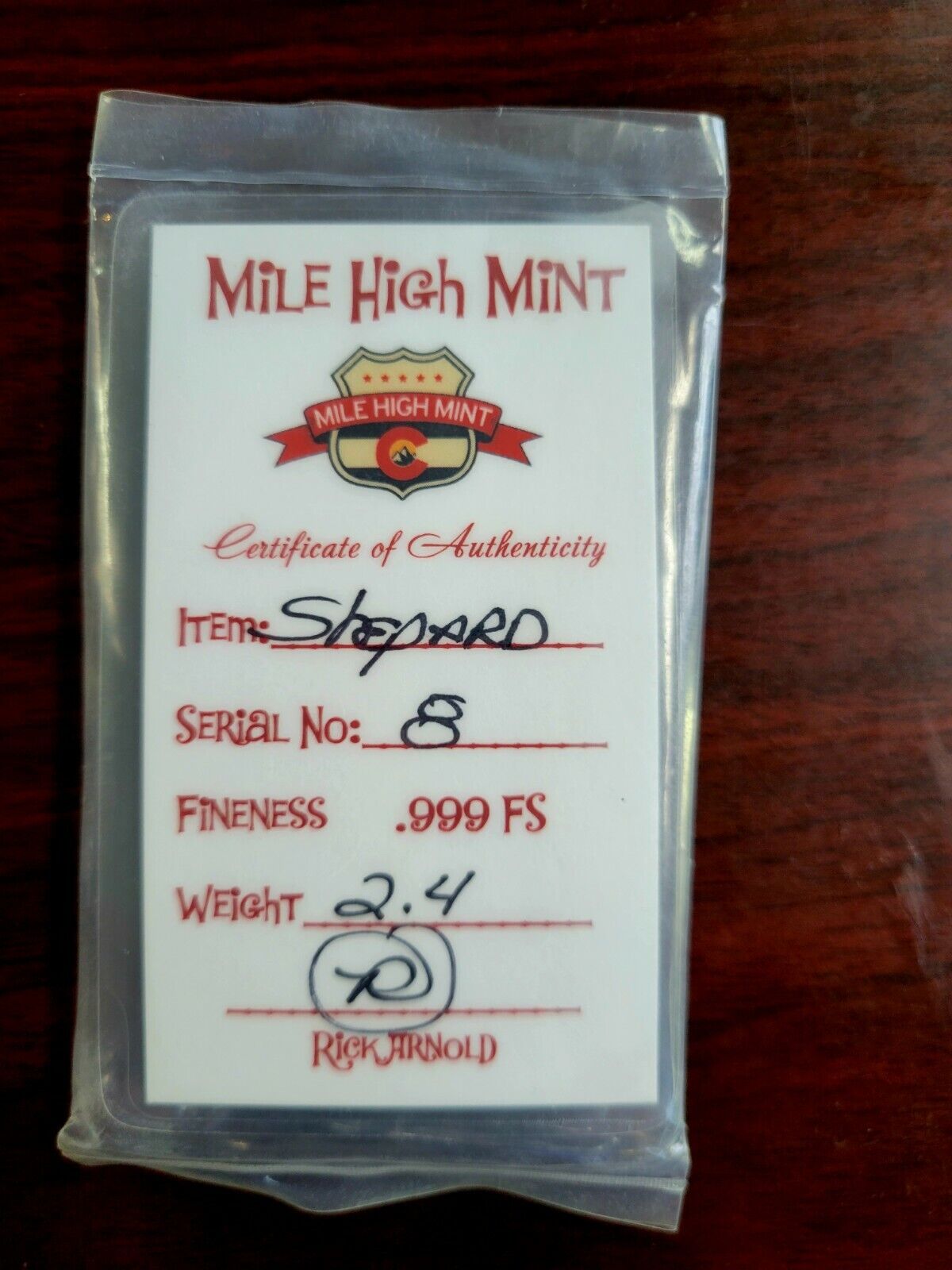 Mile High Mint “Shepard” .999 Fine Silver Poured Ingot 2.4oz #8 made