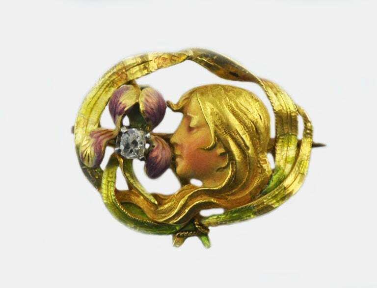 Vintage 1890s Krementz & Co. Art Nouveau Enameled Diamond Girl Pin 14k Gold