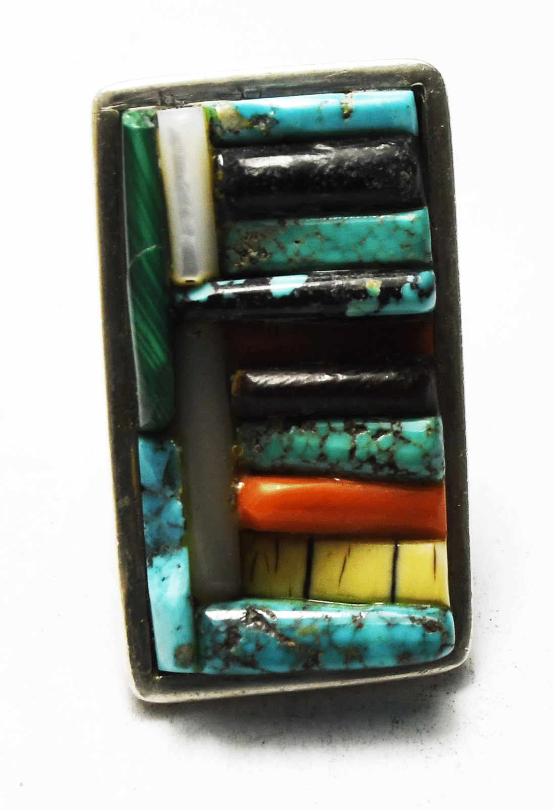 Sterling Signed LB Turquoise Coral Onyx Inlay Cobblestone Ring 40mm Size 6.5