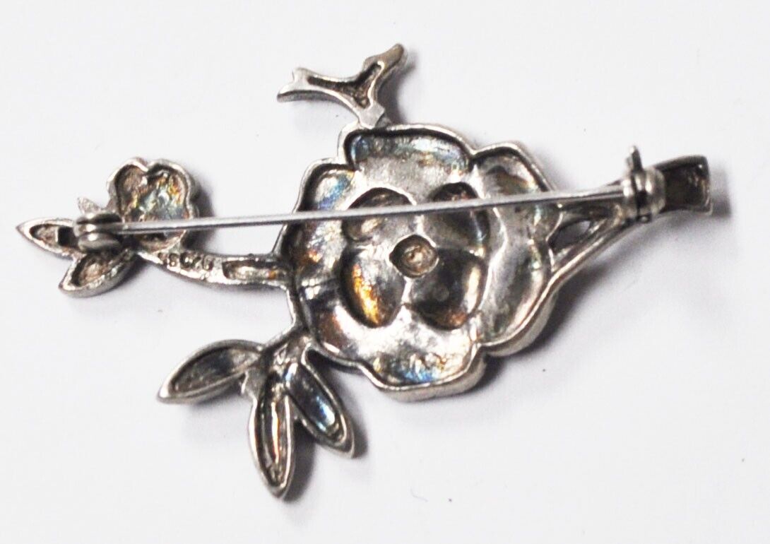 Sterling Silver Enameled Flower Rose Marcasite Brooch Pin 47x28mm