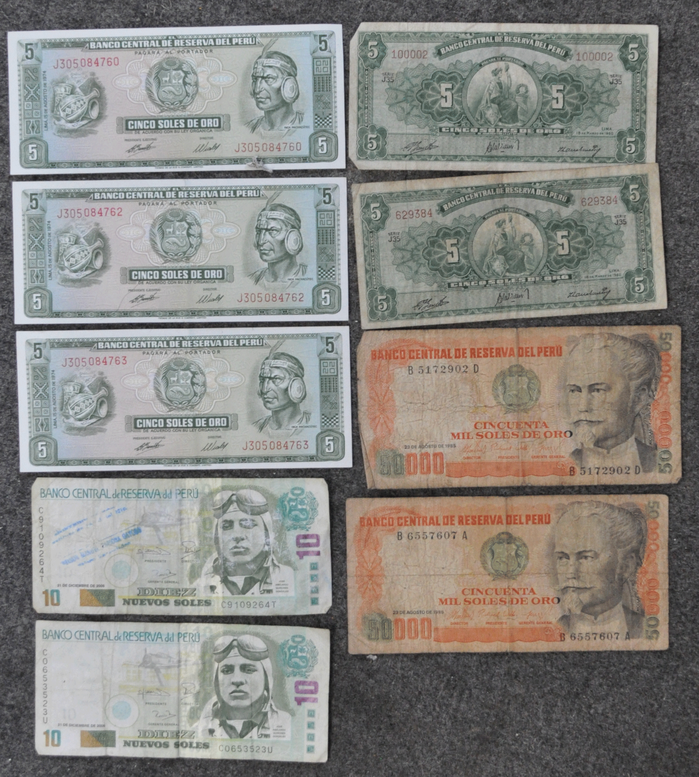 Lot of 9 Peru Currency Notes 5 10 50,000 Soles 2 Sequential