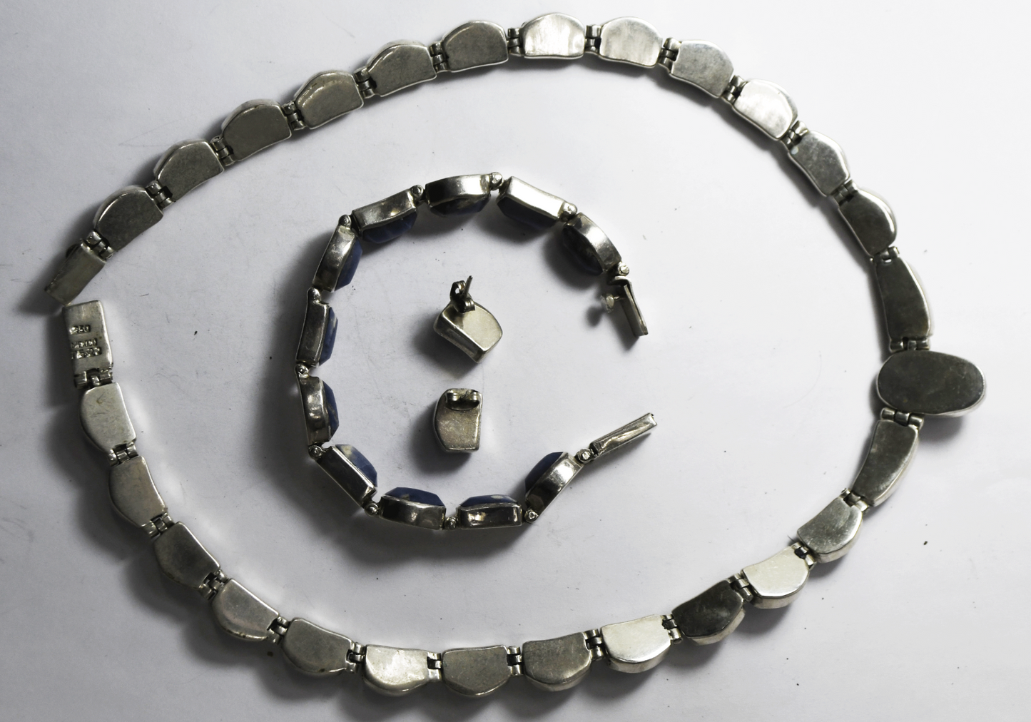 Sterling Blue Sodalite 18" Necklace 7.5" Bracelet & 13mm Earrings 135g Set