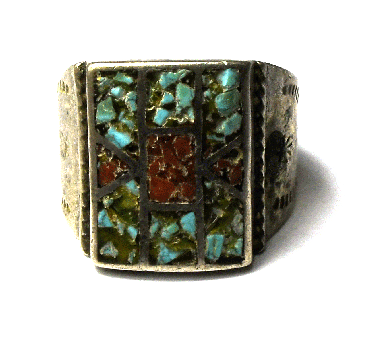 Sterling Silver Turquoise Coral Chip Inlay Rectangle 21mm Ring Size 12-3/4