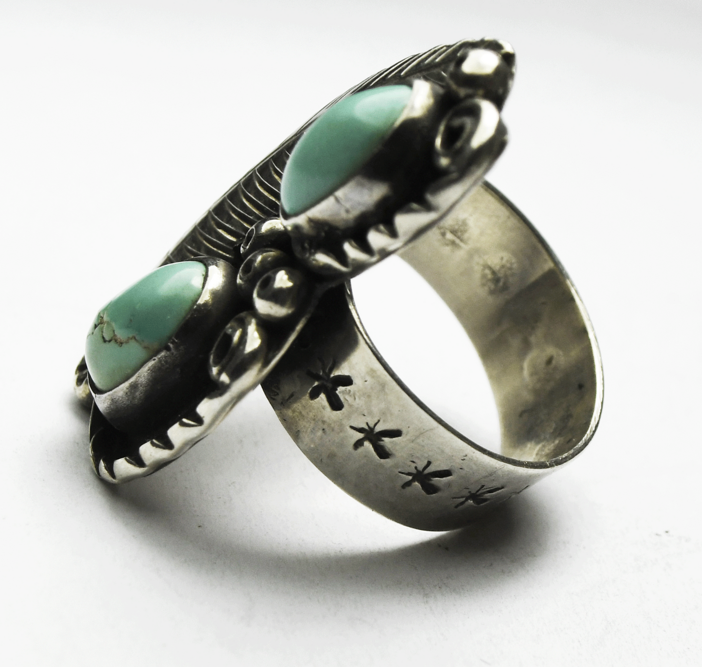 Sterling Silver Signed RCL Double Turquoise Ring 35mm Size 7-1/2