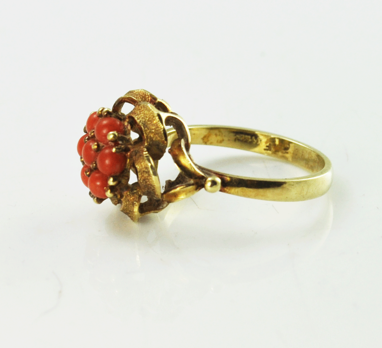 14k Yellow Gold Floral Red Coral Dot Cluster Lace Filigree Ring 13mm Size 7