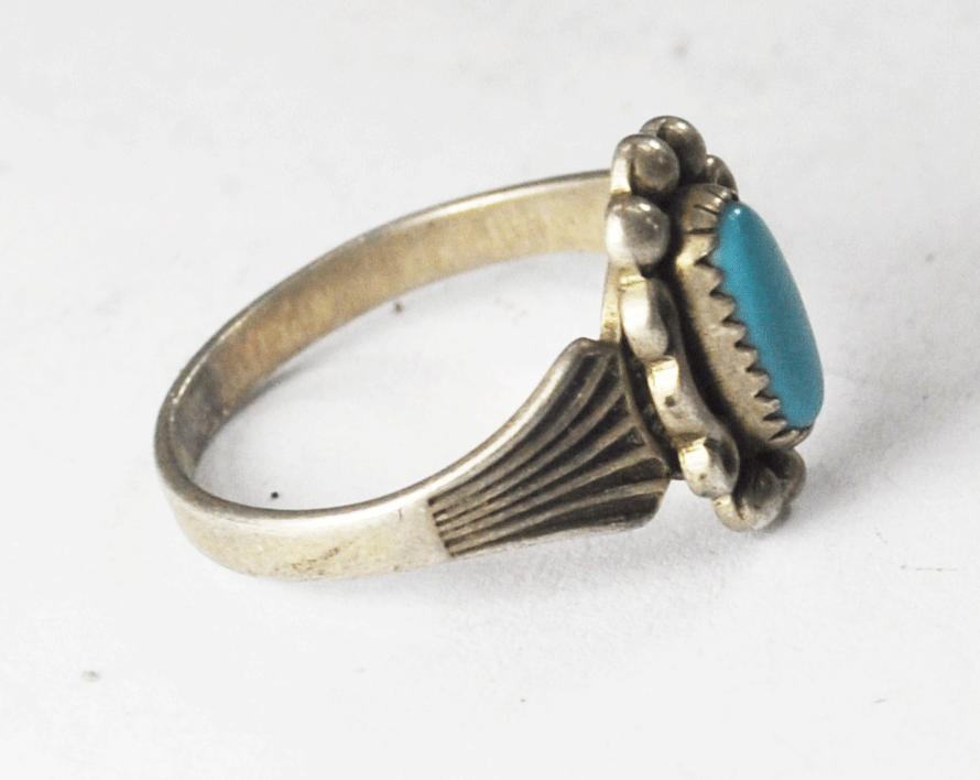 Antique Sterling Silver Blue Turquoise Solitaire Ring 12mm Size 3-1/2 Signed JP