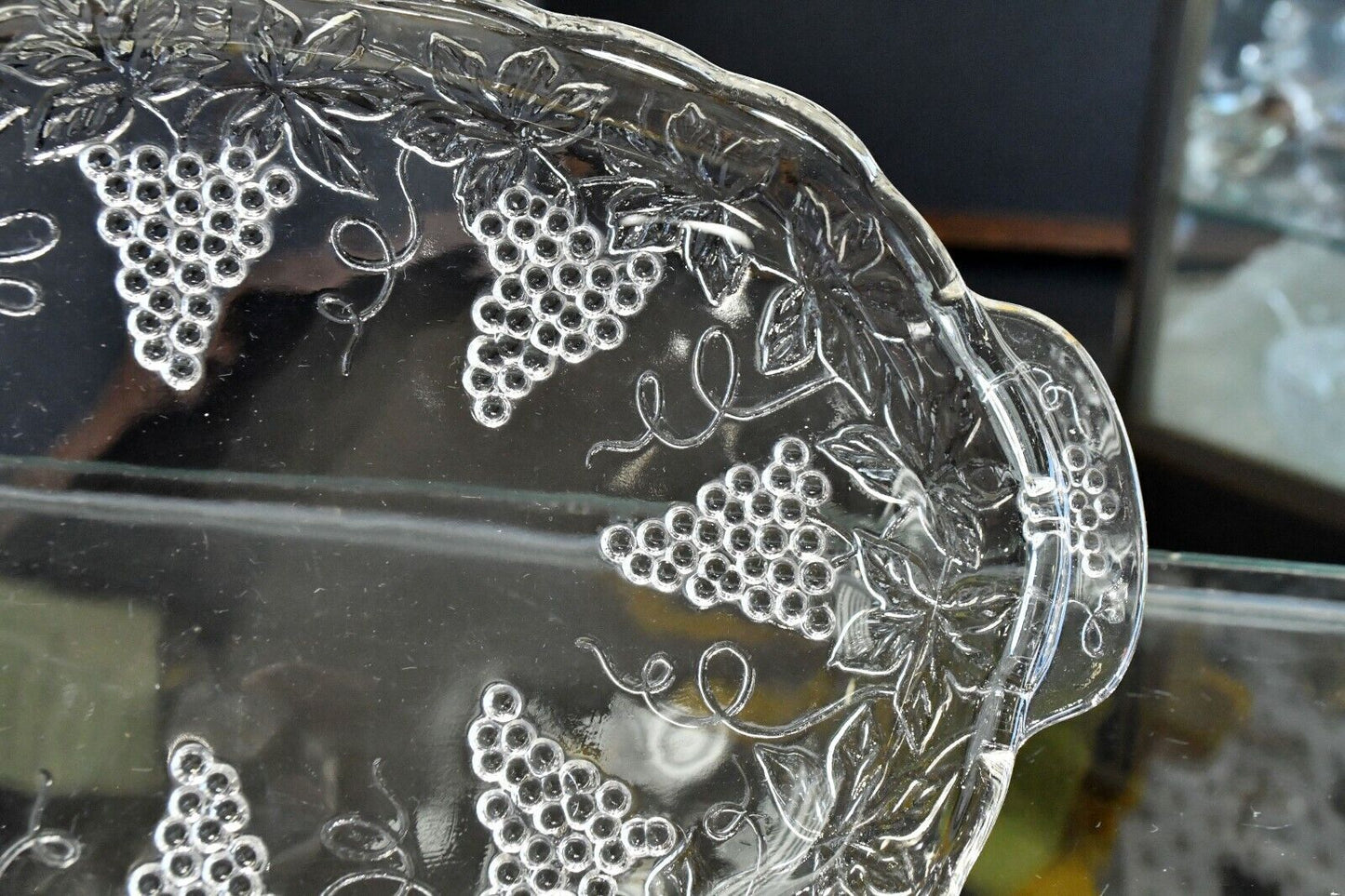 14pc. Molded Glass Grapevine Tea cup and Sandwich Plate Set Unsigned
