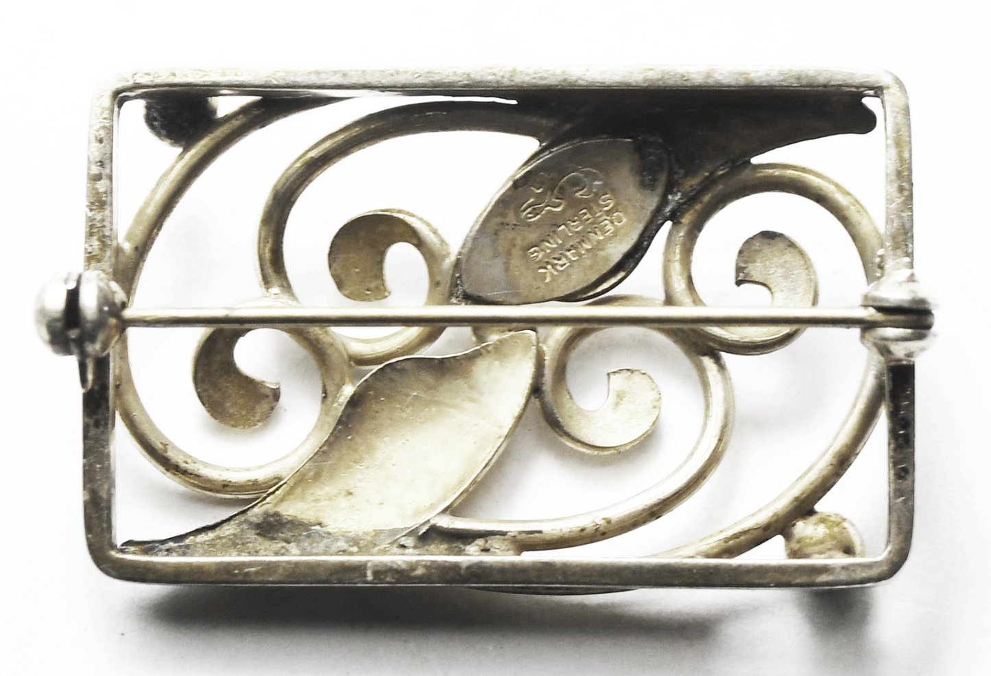 Sterling Silver Hans Jensen Filigree Brooch Rectangle Swirl Pin 37mm x 23mm