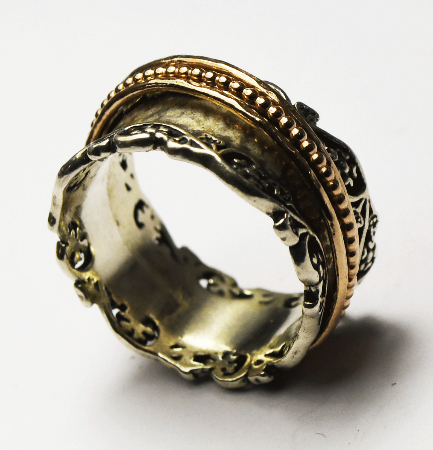 Sterling Silver Or Paz Two Tone Spinner Vine Edge Ring 12mm Size 11