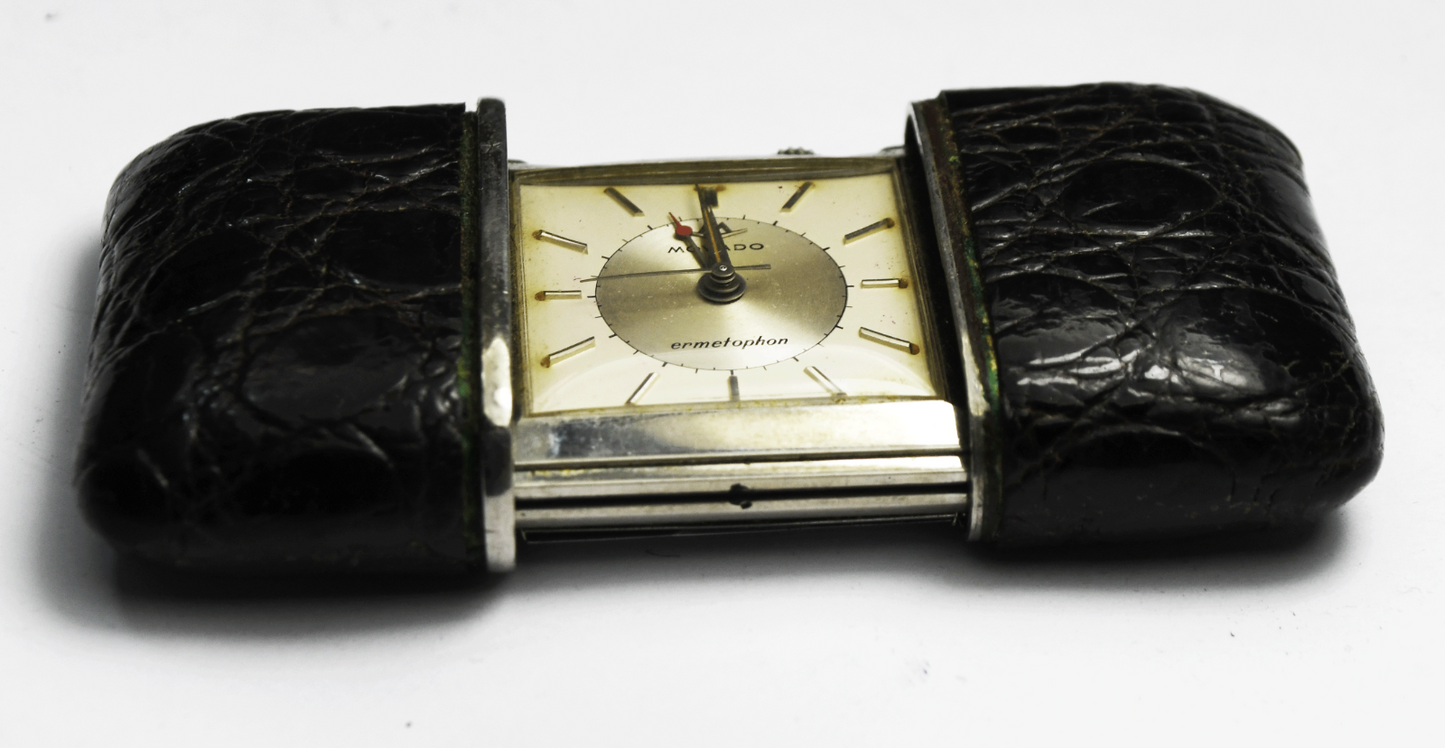 Vintage Movado Ermetophon Pocket Desk Travel Alarm Clock w Box 3-1/8" x 1-1/2"