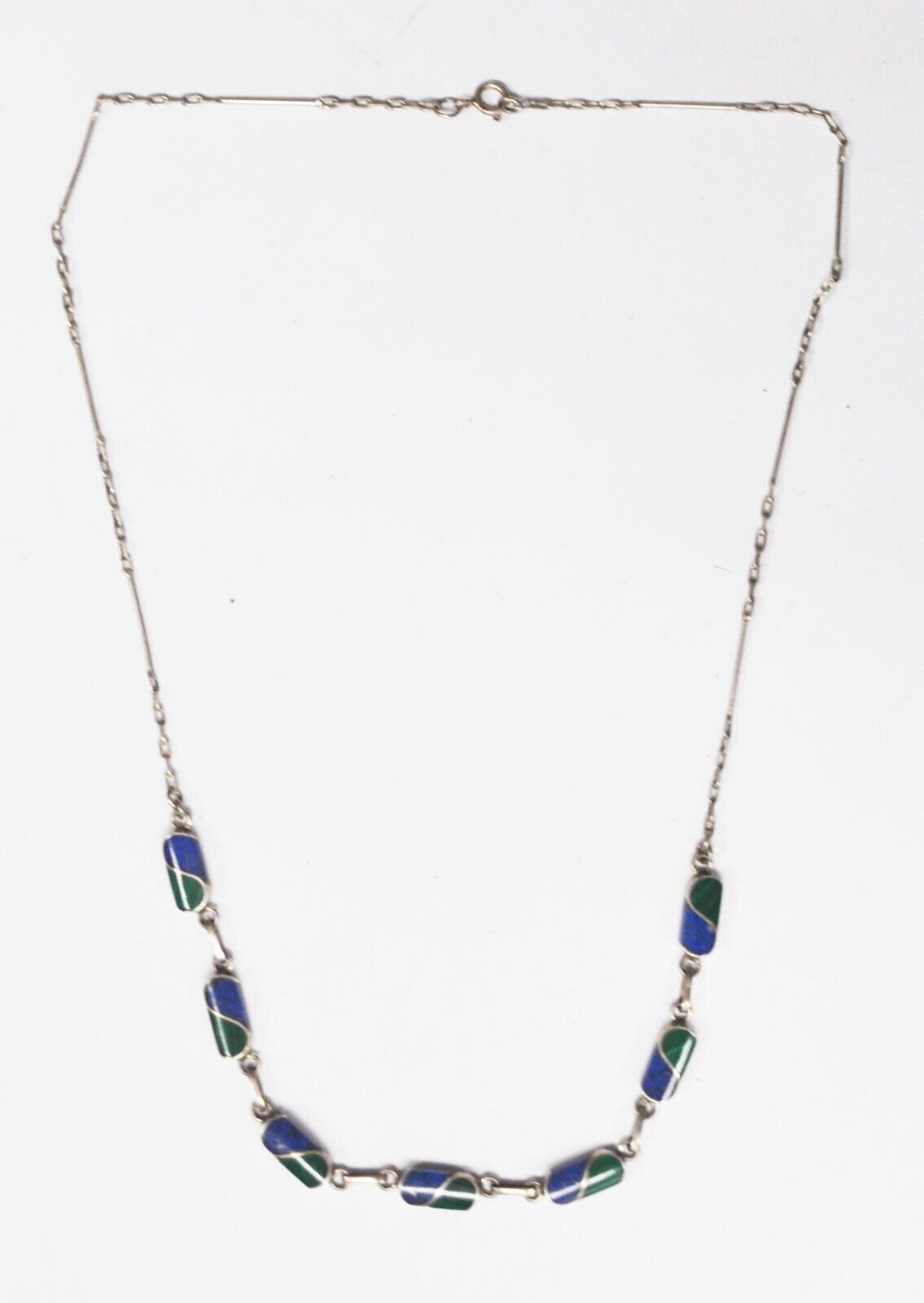 950 Silver 6mm Green & Blue Lapis Malachite Inlay 20" Necklace