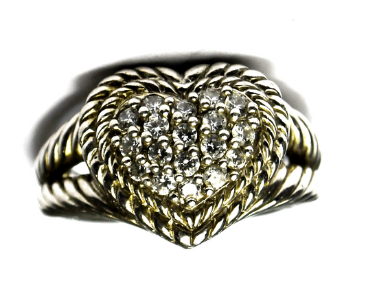 Sterling Silver Judith Ripka Pave CZ Heart Fleur De Lis Ring 15mm Size 9-1/4